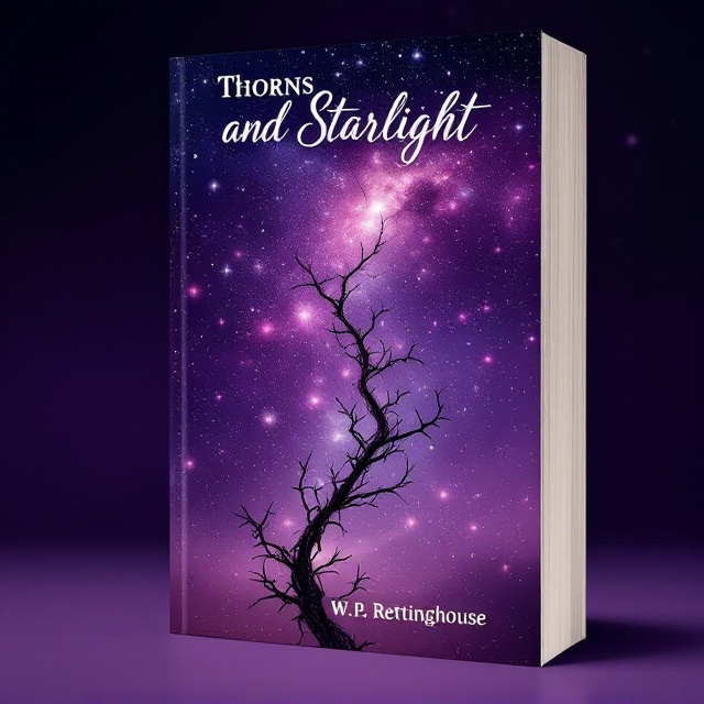 A large, luminous star-filled sky takes up the top two-thirds of the cover, with a solitary, twisting, thorn-covered rose vine reaching up from the bottom center. Gradations of purple infuse the entire scene, with the thorns sharply contrasting against the delicate stars and creating an intricate weave of shadow and light.