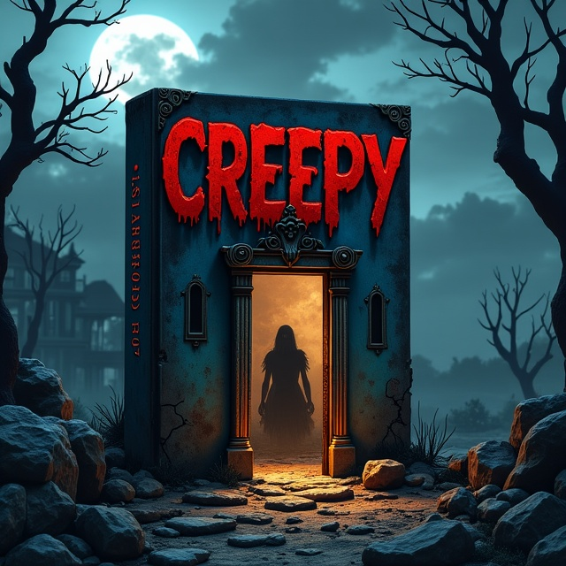 The cover presents a dilapidated mansion with crumbling walls and shattered, menacing windows casting shadowy outlines against the backdrop. A gnarled, skeletal tree occupies the foreground, its branches reaching ominously toward the swirling clouds partially veiling the ghostly moonlight. The ornate door ajar, emits flickering candlelight, creating eerie shadows and subtly hinting at the spectral figure lurking within.