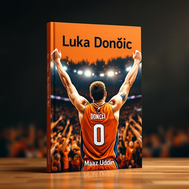 The cover features a dynamic illustration of Luka Dončić in mid-celebration with his arms raised triumphantly on a basketball court. The background subtly incorporates a blurred stadium crowd, emphasizing the joyous moment. The primary color, basketball orange, dominates the scene, providing a vibrant and energetic feel. Luka's jersey number is visible, adding a personal touch.