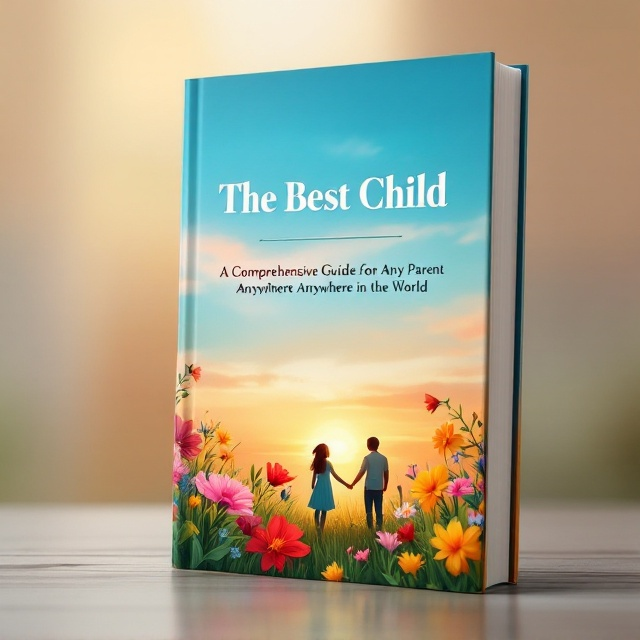 The cover displays a lush and vibrant scene, featuring a gentle sky gradient from blue to orange, representing dawn. In the foreground, colorful flowers in shades of red, pink, and yellow frame the lower edges, creating an inviting meadow. Above, the text "The Best Child" is centrally placed. Delicate illustrations of a parent and a girl child, depicted in silhouette, are subtly included to convey guidance and nurturing.