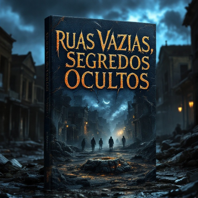 A dark, atmospheric scene of an abandoned mining town street under a stormy sky. Shadows creep through the cracks of decaying buildings, and ghostly figures hint at hidden presences. The foreground features a half-buried, ancient artifact partially revealing an ominous glow, drawing the eye toward the mysterious depths.