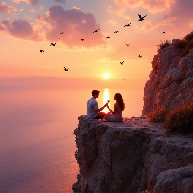 A captivating scene captures the couple seated on the edge of a high, rocky cliff. The young man offers a delicate flower to the woman, set against a dramatic sunset sky. Soft hues of orange, pink, and purple blend together, casting enchanting light over the scene. Silhouettes of birds flying along the horizon add depth and movement, while the endless sea below mirrors the colors of the sky.