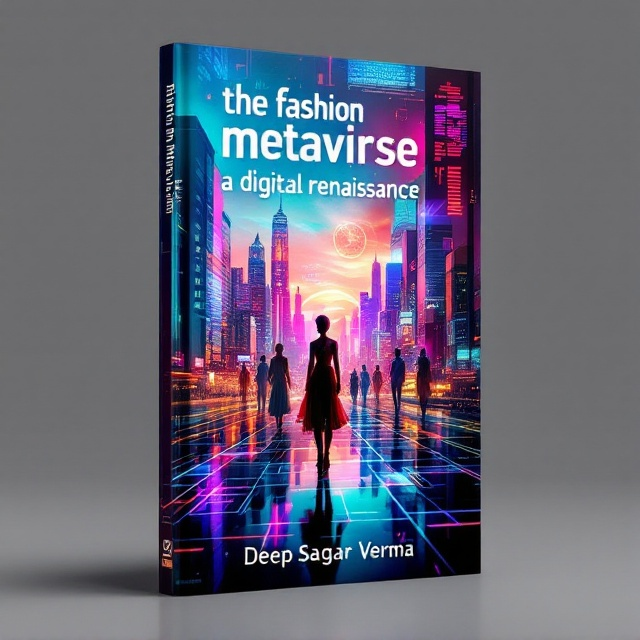A futuristic cityscape merges with a digital overlay of fashion illustrations, shimmering holographic elements, and avatars dressed in stylish digital ensembles. The cityscape blends seamlessly with a vibrant digital sky, bathing the scene in shades of red, green, blue, and purple, creating a vivid and dynamic visual experience.