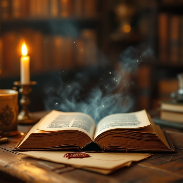 A quaint wooden desk is set at the center of the cover, partially illuminated by the warm, flickering glow of a nearby candle. On the desk lies an ancient, leather-bound book, pages slightly open as if frozen in mid-sentence, with delicate wisps of ethereal mist rising from the middle. Beside the book is an ornate letter, elegantly folded with a mysterious, wax seal imprinted with an unfamiliar crest. The background is a blurred depiction of a cozy study, lined with shelves of similar old books. The overall palette consists of warm earth tones with subtle golden accents.