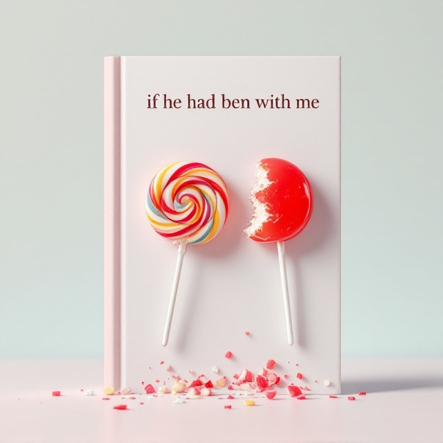 A minimalistic design featuring two lollipops placed side by side against a plain, muted background. One lollipop is whole and vibrant, while the other is visibly crushed, with fragmented pieces scattered below. The focus is on the two contrasting lollipops, symbolizing the book's emotional dynamics and the theme of imperfect relationships.