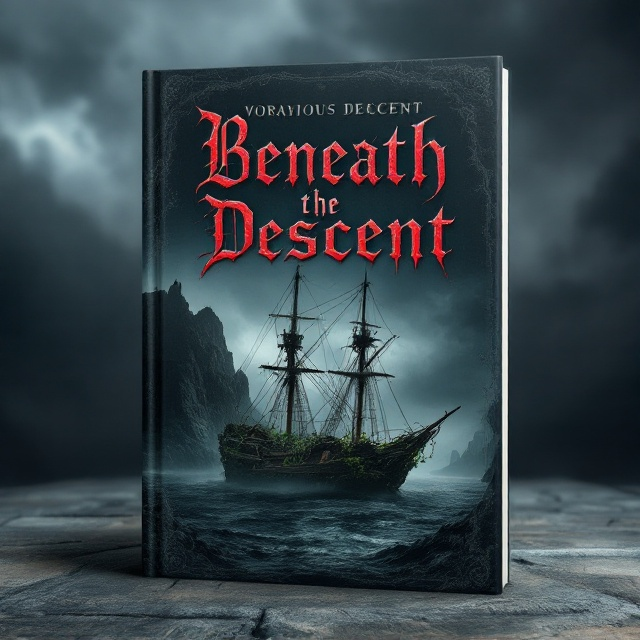The cover features a dark, ominous island dominating the top half, with jagged cliffs and a churning sea. The fog envelops the island, leaving parts of it obscured, and vague shadows suggest hidden dangers lurking about. The shipwreck is central in the foreground, partially submerged with broken masts and vines creeping over its hull. The sky above is filled with storm clouds, adding to the grim atmosphere.