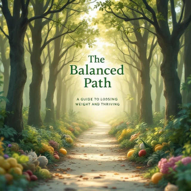 A serene path meanders through a lush forest. Trees line both sides with delicate branches forming a canopy overhead. Gentle sunlight filters through the leaves, creating a dappled light effect on the path. Along the way, there are whimsical details like small animals peeking from the underbrush and tasteful representations of healthy foods such as fruits and vegetables displayed naturally along the path's edges.