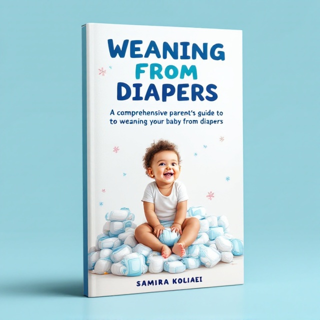 The cover features a cheerful illustration of a happy toddler sitting on a pile of diapers while looking confidently at their parents, who are smiling encouragingly. In the background, there are playful, light blue swirls that suggest movement and transition. The scene is framed with whimsical flourishes that give a sense of lightness and joy.