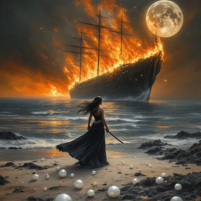 The cover depicts a dark, moonlit beach where an enormous, ancient warship engulfs in fierce flames across the horizon. The sky is ablaze with fire and smoke, creating an intense, dramatic backdrop. In the foreground, the mesmerizing image of an Arab woman in a long, exquisite black dress, adorned with a large pearl necklace, is portrayed dancing elegantly on the sand. Beside her stands a tall, muscular young man with flowing black hair, a short beard, wielding a sword, and wearing a breastplate. Scattered along the beach are large, gleaming white pearls. The painting emulates an acrylic base with oil overlays, creating a rich texture and depth.