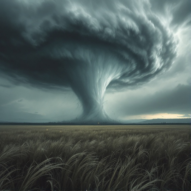 A vast, seemingly endless field stretches across the cover, with sharp details of tall, wind-swept grass. Dominating the scene is a colossal, realistic tornado swirling in the distance, with subtle, flickering fire flares visible within its vortex. The sky is a stormy gray with hints of dusk, adding intensity to the atmosphere.