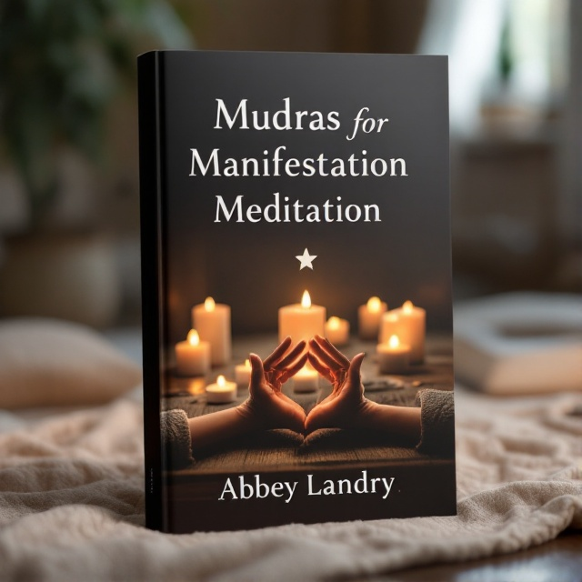 The cover features a dimly lit meditation room with soft, warm colors. On the foreground, a pair of hands gracefully form a Mudra, surrounded by several lit candles casting a gentle glow. The background hints at the silhouettes of meditation cushions, adding depth to the scene. The overall atmosphere is serene and inviting, giving a sense of peace and abundance.