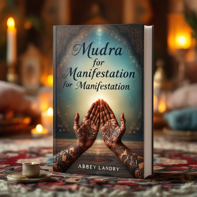 In a serene Moroccan-style meditation room, the focal point is beautifully adorned hands performing a Mudra. The hands are decorated with intricate henna tattoos, creating a spiritual aura. Softly flickering candles illuminate the scene, casting gentle shadows across a plush, colorful Moroccan rug. The background is softly blurred with hints of ornate lanterns and textured walls, enhancing the peaceful ambiance.