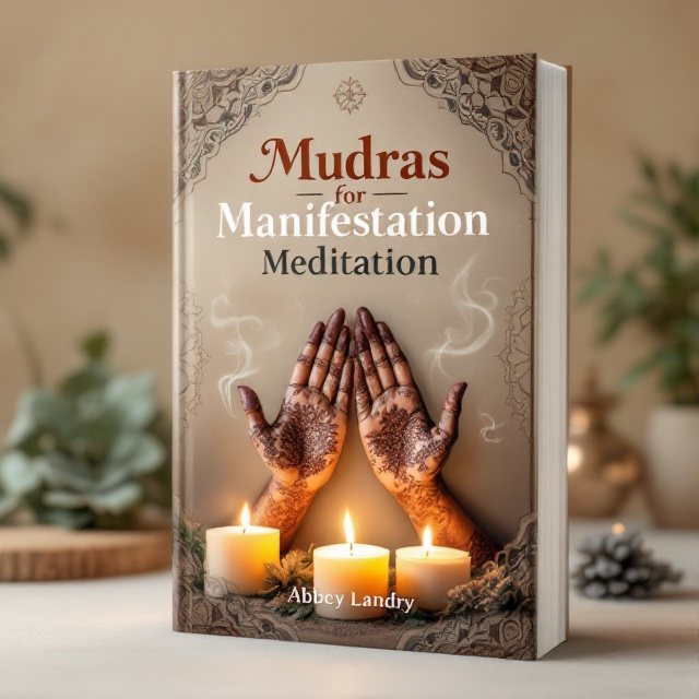 The cover features a serene Moroccan style background in muted earth tones with intricate geometric patterns. In the foreground, a pair of henna-covered hands are gracefully arranged in the Prana Mudra pose, surrounded by gently glowing candles. Wisps of sage smoke curl upwards, adding an ethereal touch.