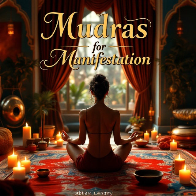 The cover features a Moroccan-style meditation room with a vibrant color palette of red, gold, and blue. A woman is seated in meditation at the center, surrounded by softly flickering candles, a singing bowl, and a gong. The background showcases richly patterned rugs and draperies that create a balanced and serene atmosphere. The detailed textures and harmonious colors invite a peaceful, introspective mood, drawing the viewer into the sacred space.