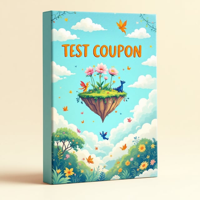 A whimsical landscape with a floating island in the sky. Ethereal creatures like dragons and fairies flutter around, basking in golden sunlight. The vibrant palette features shades of turquoise, lavender, and gold to evoke a sense of happiness and magic. The title "TEST COUPON" is positioned in the sky, set against fluffy clouds.