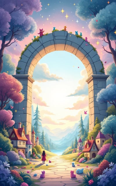 A whimsical landscape with a vibrant fantasy village nestled among enchanted trees and magical creatures. The sky is a blend of pastel colors, giving a sense of dawn or dusk, and sparkling stars are scattered throughout. A large, mysterious stone archway serves as the focal point, hinting at the entrance to another world.