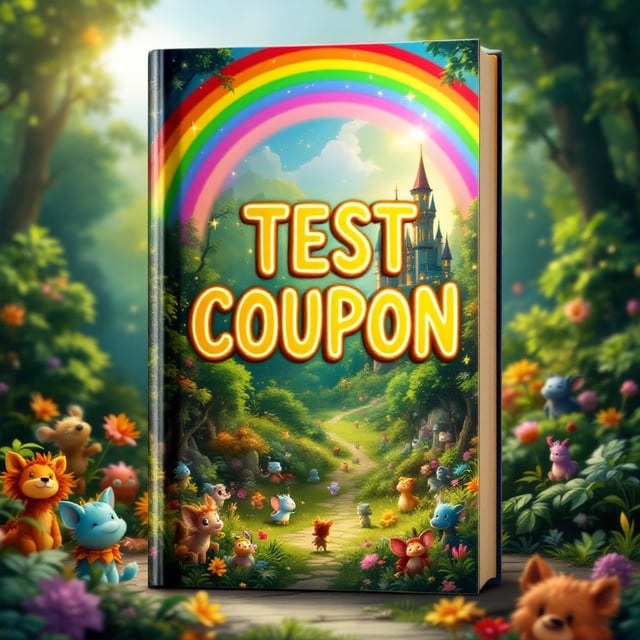 A vibrant, whimsical scene filled with mythical creatures frolicking in a lush, enchanted forest. In the background, a magical castle with twinkling lights peeks through the dense trees, and a rainbow arches across a sunlit sky.
