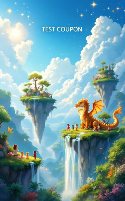 A vibrant, whimsical fantasy landscape filled with floating islands topped with lush greenery and waterfalls. A giant, playful dragon entertains children on one of the islands, all basking in golden sunlight. The sky is bright blue, filled with fluffy clouds and sparkling stars, suggesting a magical world.