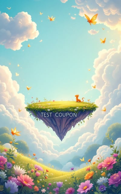 A whimsical landscape with a floating island in the sky. Ethereal creatures like dragons and fairies flutter around, basking in golden sunlight. The vibrant palette features shades of turquoise, lavender, and gold to evoke a sense of happiness and magic. The title "TEST COUPON" is positioned in the sky, set against fluffy clouds.