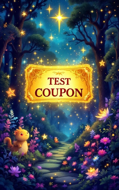 A vibrant, enchanted forest scene filled with glowing, luminescent plants and whimsical creatures. The sky is a dazzling twilight with scattered magical stars, and a golden, ancient-looking coupon floats at the center, emitting a soft glow.
