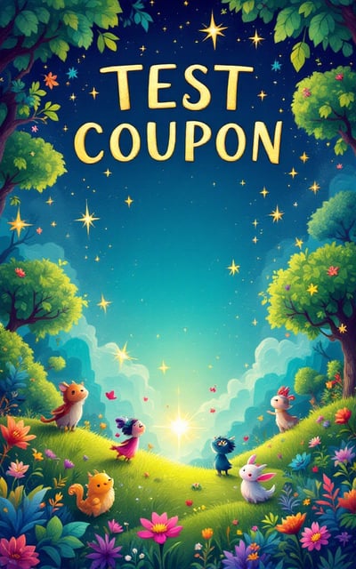 A playful, vibrant landscape with whimsical creatures in a lush, enchanted forest. A large, mystical coupon floats in the sky, surrounded by sparkling light and magical symbols. The color palette is composed of bright greens, blues, and purples, creating a joyful and fantastical atmosphere.