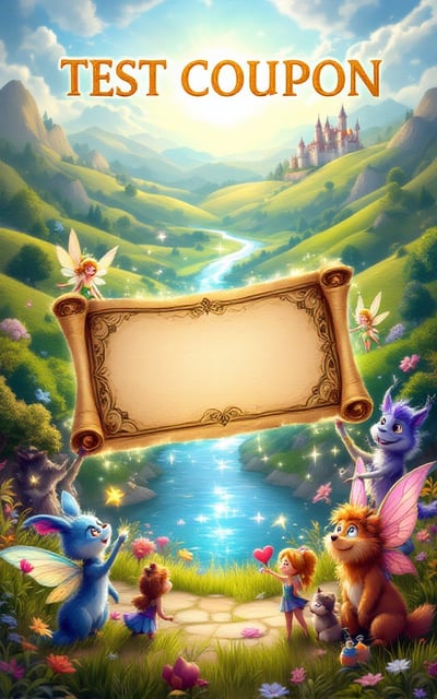A vibrant scene featuring a whimsical fantasy landscape with rolling hills, a sparkling river, and a distant castle under a bright, cheerful sky. In the foreground, a group of jubilant mythical creatures like fairies and talking animals are gathered around a large, ornate coupon shaped like an ancient scroll that glows with a magical aura.