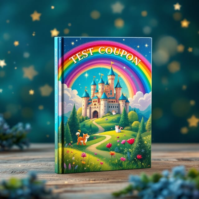 A colorful, whimsical landscape featuring an enchanting castle with a vibrant rainbow arcing above it. The foreground shows magical creatures frolicking in lush green meadows, with sparkling stars scattered across a bright blue sky.