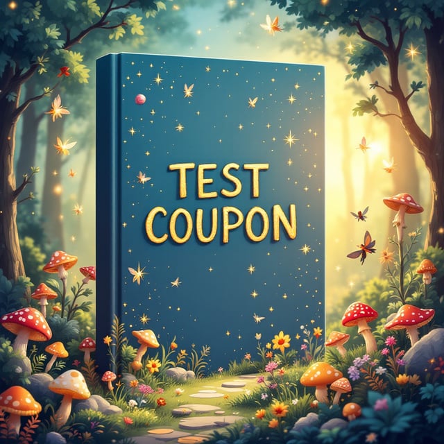 A vibrant, magical forest scene filled with whimsical elements such as glowing mushrooms, fluttering fairies, and playful animals. The scene is set under a golden, sunlit sky with sparkles that radiate happiness. A large, magical coupon floats in the center, surrounded by bursts of light and enchantment.