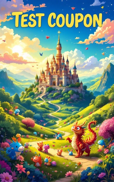 A vibrant and whimsical fantasy landscape featuring a sparkling castle in the distance surrounded by lush, rolling hills bathed in warm, golden sunlight. The sky is filled with whimsical floating islands and colorful clouds, with a group of happy, mythical creatures playfully gathering in the foreground.