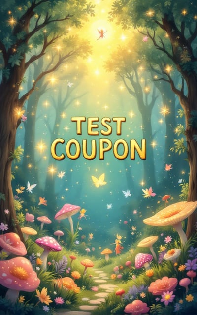 A vibrant, magical forest scene filled with whimsical elements such as glowing mushrooms, fluttering fairies, and playful animals. The scene is set under a golden, sunlit sky with sparkles that radiate happiness. A large, magical coupon floats in the center, surrounded by bursts of light and enchantment.