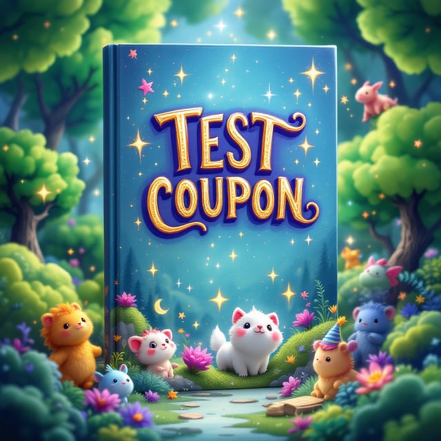 A playful, vibrant landscape with whimsical creatures in a lush, enchanted forest. A large, mystical coupon floats in the sky, surrounded by sparkling light and magical symbols. The color palette is composed of bright greens, blues, and purples, creating a joyful and fantastical atmosphere.