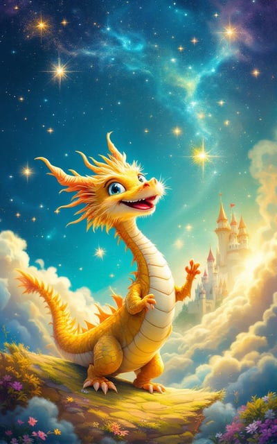A joyful dragon with a playful expression, swirling around in a sky of vivid colors, with sparkling stars and a whimsical castle in the background. Bright colors such as golden yellows, lively greens, and shimmering blues dominate the scene, creating a sense of wonder and excitement.