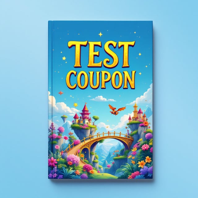 standing book mockup, Its title is "TEST COUPON".  A brightly colored, whimsical landscape featuring floating islands in a clear blue sky, dotted with cheerful, vibrant flora and fauna. A golden bridge connects the islands, symbolizing adventure. The scene is infused with a magical glow, with a playful dragon soaring joyfully in the distance. A bold, playful serif font with swirling embellishments, colored in a magical gold gradient, that reflects the fantasy theme and creates a happy, inviting feel., The book title "TEST COUPON" is prominently placed at the top with dynamic curvature that follows the line of the golden bridge. The whimsical landscape spans the entire cover with the dragon subtly in the background, creating layers of depth. The area where the author's name typically appears should be left completely blank, with no text or placeholder.