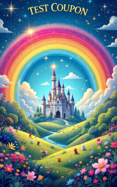A colorful, whimsical landscape featuring an enchanting castle with a vibrant rainbow arcing above it. The foreground shows magical creatures frolicking in lush green meadows, with sparkling stars scattered across a bright blue sky.