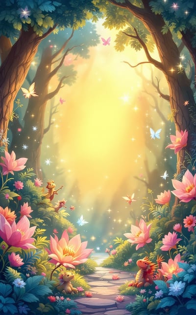 A whimsical scene featuring a vibrant, enchanted forest with soft pastel colors. A central oversized golden coupon is floating in the air, glowing with magical energy. Around it, there are animated mythical creatures like fairies and small dragons, happily interacting with the lush foliage and sparkling elements in the background. The golden coupon casts a warm, inviting light, creating an atmosphere of joy and wonder.