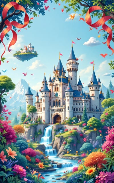 A whimsical castle surrounded by vibrant, enchanted forests under a clear blue sky. Floating islands with waterfalls and mythical creatures like dragons and unicorns add a magical touch. The castle is adorned with banners displaying vivid colors and symbols suggesting a kingdom filled with joy and wonder.