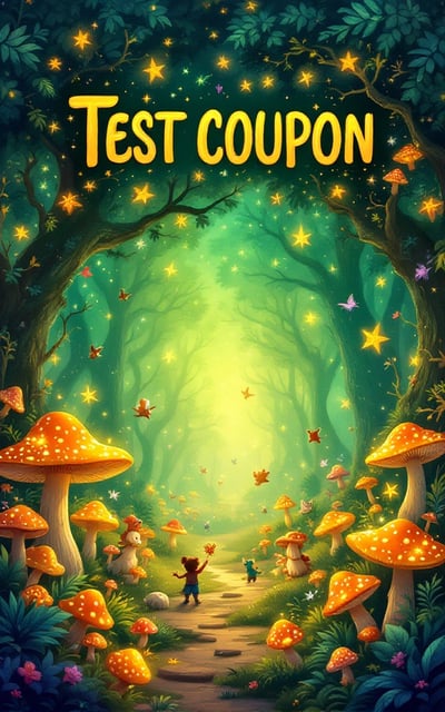 A vibrant fantasy landscape with a glowing, enchanted forest. Playful creatures frolic around vivid, oversized mushrooms. The scene is suffused with magical light shimmering in warm tones of gold and green, creating an inviting and joyous atmosphere.