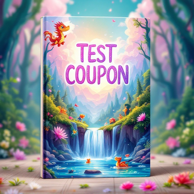 The cover features a vibrant and whimsical illustration of a magical landscape with a towering enchanted forest in the background. A cheerful dragon with sparkling scales hovers playfully over a cascading waterfall, where mythical creatures frolic in the clear waters. Bright, swirling clouds in various shades of pastel create a joyful, dreamlike atmosphere.