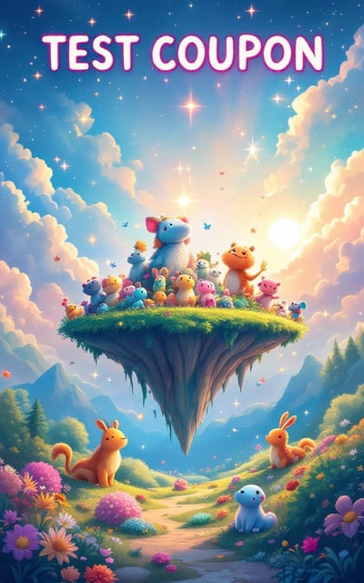 A whimsical illustration of a sparkling, floating island surrounded by colorful, friendly creatures in a fantasy landscape. The enchanting sky is filled with fluffy clouds and radiant sunlight, all captured in vibrant colors.