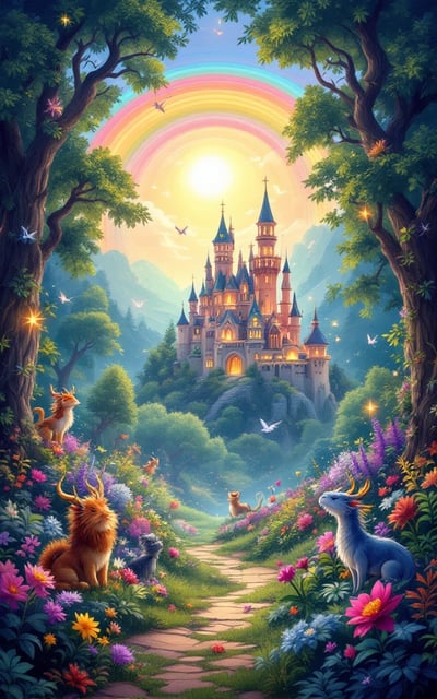 A vibrant, whimsical scene filled with mythical creatures frolicking in a lush, enchanted forest. In the background, a magical castle with twinkling lights peeks through the dense trees, and a rainbow arches across a sunlit sky.