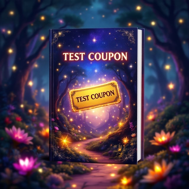 A vibrant, enchanted forest scene filled with glowing, luminescent plants and whimsical creatures. The sky is a dazzling twilight with scattered magical stars, and a golden, ancient-looking coupon floats at the center, emitting a soft glow.