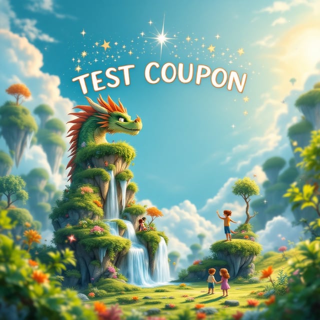 A vibrant, whimsical fantasy landscape filled with floating islands topped with lush greenery and waterfalls. A giant, playful dragon entertains children on one of the islands, all basking in golden sunlight. The sky is bright blue, filled with fluffy clouds and sparkling stars, suggesting a magical world.