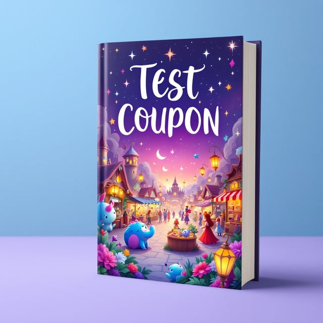 A whimsical, vibrant scene of a fantasy marketplace bustling with magical creatures and colorful stalls, under a bright, enchanted sky with twinkling stars and floating lanterns. The setting conveys a joyful, lively atmosphere, enticing the viewer into the fantasy world.