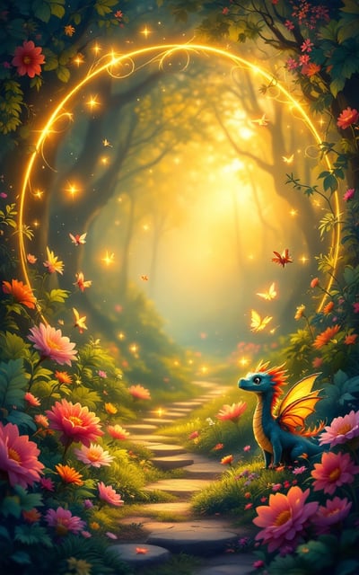 A vibrant, enchanted forest scene fills the cover, featuring colorful, oversized flowers and whimsical creatures like fairies and friendly dragons. The background glows softly with a golden light, creating a magical, inviting atmosphere. Bright, swirling lights join the enchanting elements, forming a semi-circular border around the book title.