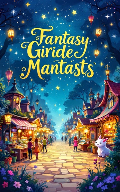 A whimsical, vibrant scene of a fantasy marketplace bustling with magical creatures and colorful stalls, under a bright, enchanted sky with twinkling stars and floating lanterns. The setting conveys a joyful, lively atmosphere, enticing the viewer into the fantasy world.