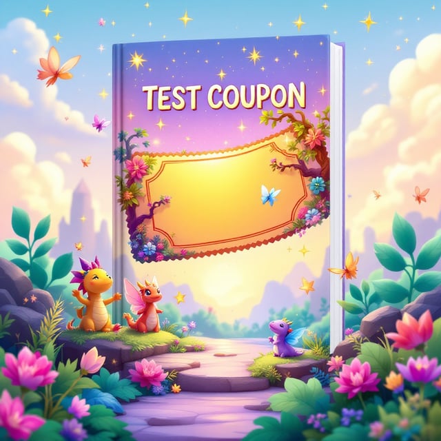 A vibrant and whimsical landscape featuring a large, colorful, enchanted coupon floating in the air, surrounded by playful fantasy creatures like fairies and friendly dragons, under a bright, cheerful sky. The background is filled with lush greenery and sparkling magical elements that convey a sense of wonder and happiness.