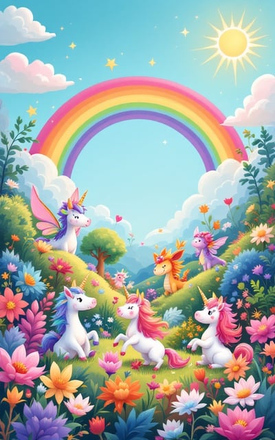 A vibrant scene featuring a whimsical, colorful landscape filled with mythical creatures like unicorns, fairies, and dragons, all basking under a radiant sun. The creatures are playfully interacting with one another, with flowers blooming all around and a bright rainbow arching across the sky.