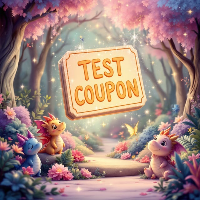 A whimsical scene featuring a vibrant, enchanted forest with soft pastel colors. A central oversized golden coupon is floating in the air, glowing with magical energy. Around it, there are animated mythical creatures like fairies and small dragons, happily interacting with the lush foliage and sparkling elements in the background. The golden coupon casts a warm, inviting light, creating an atmosphere of joy and wonder.