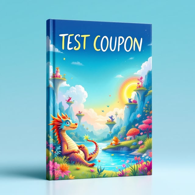 A vibrant and whimsical illustration showing a magical landscape with floating islands, colorful plants, and mythical creatures. A large, friendly dragon lounges in the foreground beside a shimmering lake that reflects a rainbow-lit sky.