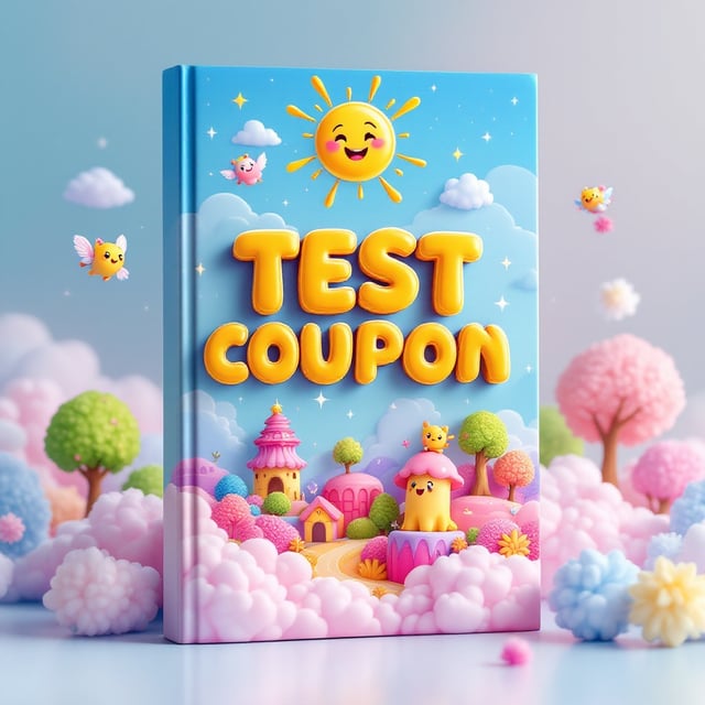 A vibrant, whimsical scene with a fantasy landscape featuring colorful, floating islands and smiling creatures drifting amidst fluffy, cotton-candy-like clouds. The sky is a bright, welcoming blue, and there are hints of sparkles and magic dust floating in the atmosphere. A large, happy sun with a cartoonish face beams downwards, casting a warm and inviting glow over the entire scene.
